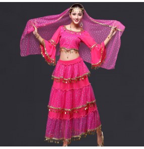 Red fuchsia hot pink yellow gold sequins paillette women's ladies female competition stage performance belly dance costumes outfits dresses sets